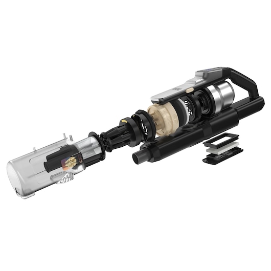 BLACKDECKER BSV520BL2P vacuum cleaner shown in exploded view with visible internal components on a white background.