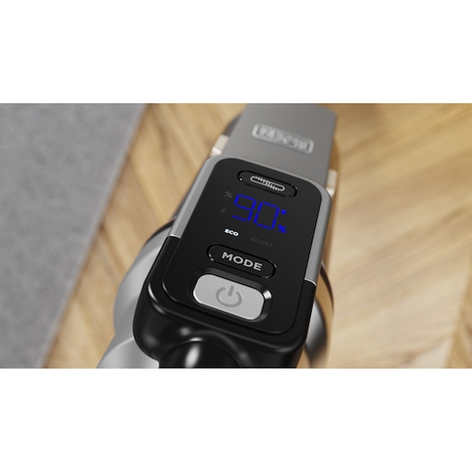 BLACKDECKER BSV520BL2P vacuum cleaner control panel with digital display showing 90 percent battery.