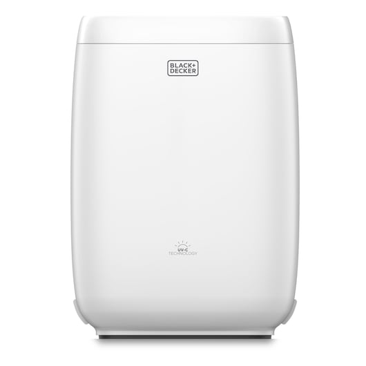 Front view of a BLACK+DECKER BXAP350E air purifier, featuring a sleek white design and UV-C technology badge on the lower front.
