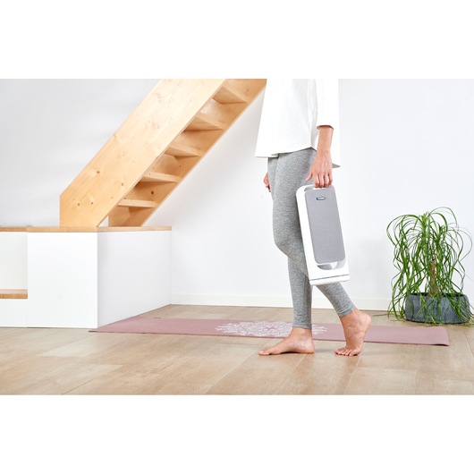 Photo of person holding BLACK+DECKER BXAP60E portable air purifier in a modern home interior.
