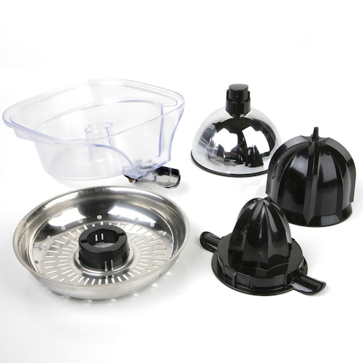 Several detachable components of a BLACK+DECKER juicer are displayed, including a transparent plastic container, two black reamer cones, a stainless steel filter, and a dome-shaped lid.