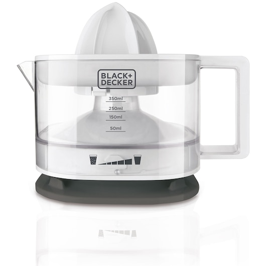 BLACK+DECKER electric citrus juicer with transparent measuring container, marked for 50ml, 150ml, 250ml, and 350ml, white body and handle.