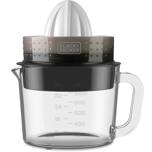BLACK+DECKER electric citrus juicer with transparent measuring jug, measurement markings in ounces and milliliters, and a handle on the side. The top has a white reamer for extracting juice from citrus fruits.