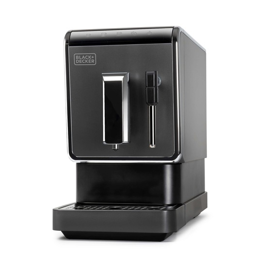 BLACK+DECKER BXCO1470E espresso machine, black, front angle, silver accents, coffee category.