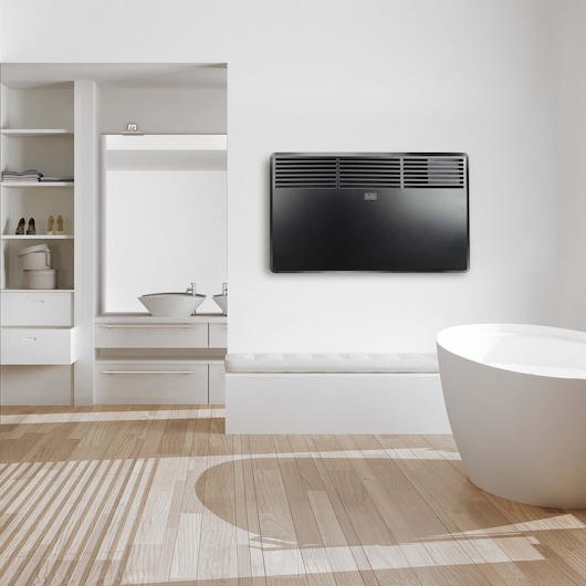 BLACKDECKER BXCSH1200E wall-mounted black convector heater in modern bathroom interior.