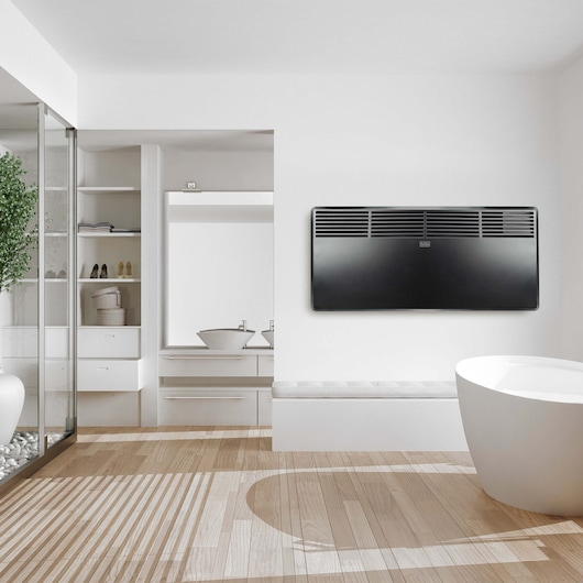 BLACKDECKER BXCSH1800E wall-mounted black convector heater in modern bathroom setting.