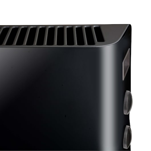 BLACKDECKER BXCSH2000E black heater detail, showing vented top and side control knobs, front angle.