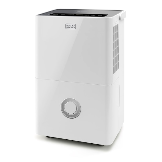 A BLACK+DECKER branded white dehumidifier, model BXDH20E, with a modern rectangular design, control panel on top, and air vents on the side.