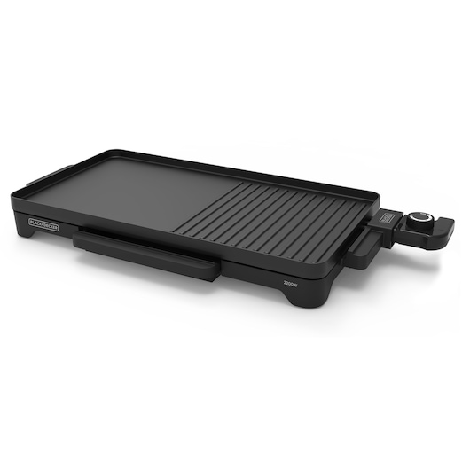 BLACK+DECKER electric grill and griddle, model BXGB2200E, with a flat and a ridged cooking surface, adjustable temperature control, and a black rectangular design.