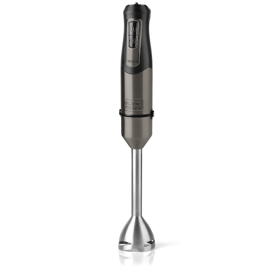 A BLACK+DECKER handheld immersion blender with a metallic and black finish, featuring a stainless steel blending shaft and control buttons on the handle.