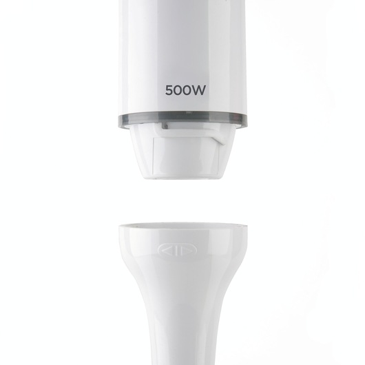 BLACKDECKER BXHB500E hand blender detail, white, 500W, close-up on detachable part, front angle, white background.