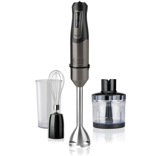BLACK+DECKER hand blender set with attachments including a whisk, measuring cup, and chopper bowl, shown on a white background.