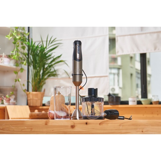 BLACKDECKER BXHBA1000E hand blender set on kitchen counter with blending jar and whisk attachment.