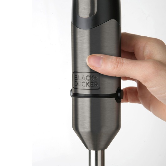 BLACK+DECKER BXHBA1000E hand blender in brushed stainless steel, side view held by a hand.