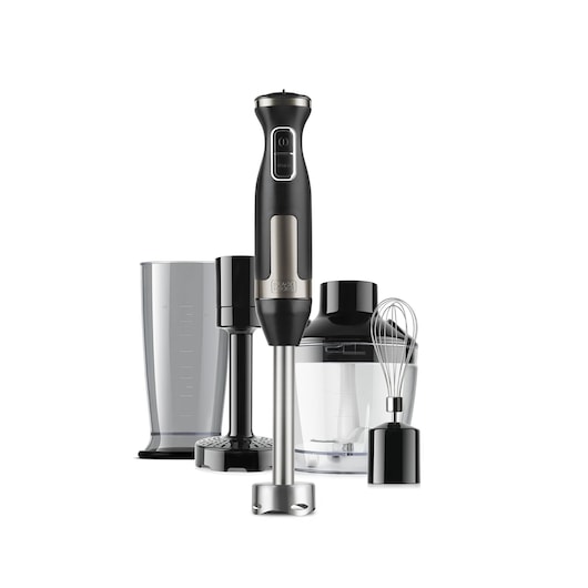 A BLACK+DECKER hand blender with multiple attachments, including a blending stick, measuring cup, whisk, chopper bowl, and masher, all arranged together on a white background.