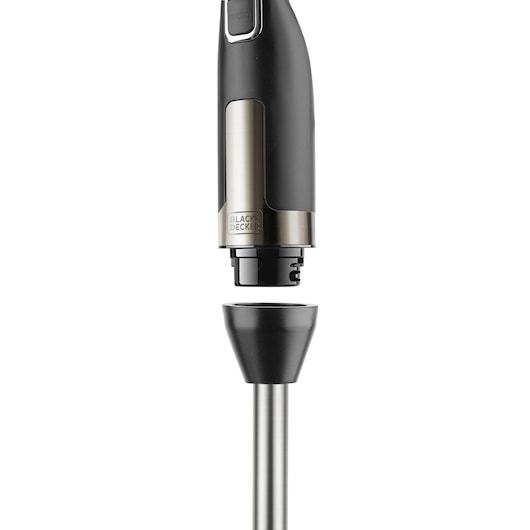 BLACK+DECKER BXHBA1500E hand blender with detachable stainless steel shaft, front angle, white background.