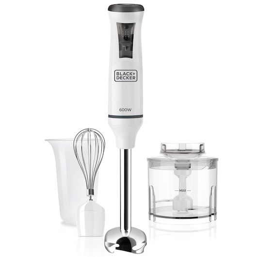 A BLACK+DECKER 600W hand blender set including a white and silver hand blender, a whisk attachment, a blending container, and a chopper bowl with a lid.