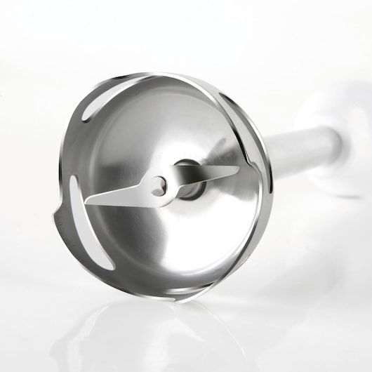 BLACKDECKER BXHBA600E hand blender close-up, showing stainless steel blade and blending guard on white background.