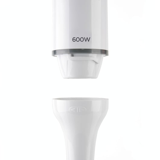 BLACKDECKER BXHBA600E hand blender close-up with white detachable parts, 600W power, studio angle.