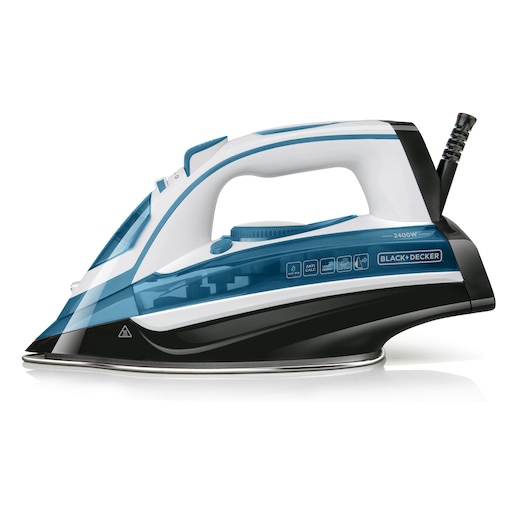 A BLACK+DECKER steam iron, model BXIR2400E, shown in profile. The iron is mostly white and blue with a black base, has a water tank, temperature control dial, steam and spray buttons, and a cord attached at the back.