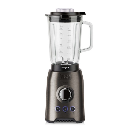 A BLACK+DECKER countertop blender with a metallic base and a clear glass jar, featuring measurement markings and a handle. The blender has multiple control buttons on the front.