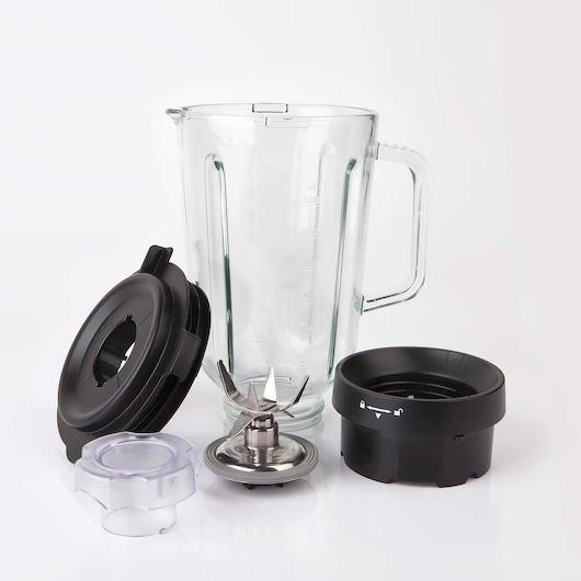 BLACKDECKER BXJB1200E blender jar, lid, blade, and base set on white background, front angle.