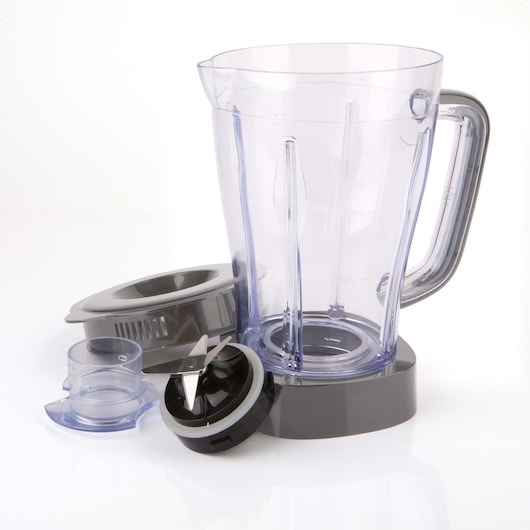 BLACKDECKER BXJB500E blender jar with handle, lid, blade assembly, and measuring cup on white background, front angle.