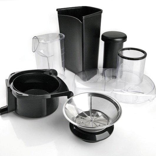 BLACKDECKER BXJE600E juicer accessories set, including filter, containers, and food pusher, white background.