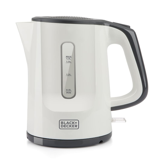 A white and grey electric kettle with the BLACK+DECKER logo, visible water level indicator on the side marked from 0.8L to 1.7L, and a black handle.
