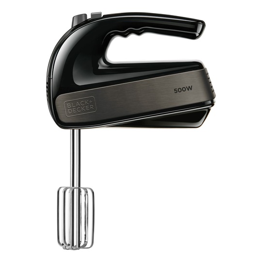 A BLACK+DECKER BXMX500E hand mixer with a black and metallic design, featuring a 500W label and stainless steel beaters.