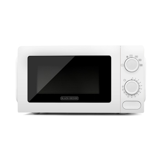 A white BLACK+DECKER microwave oven, shown from the front. It features a black glass door with a brand logo at the bottom center, and two manual control dials on the right side for settings and timer.