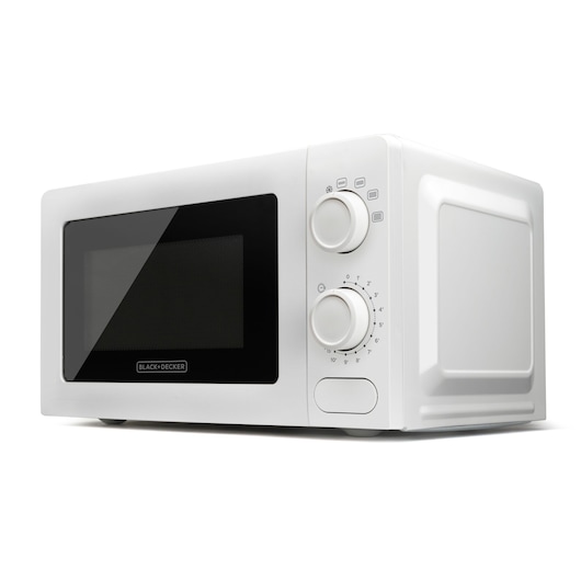 A white BLACK+DECKER microwave oven with two manual control knobs and a black front window, photographed against a white background.
