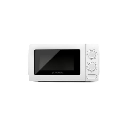 A white BLACK+DECKER microwave oven with a black glass door and two control knobs on the right side.