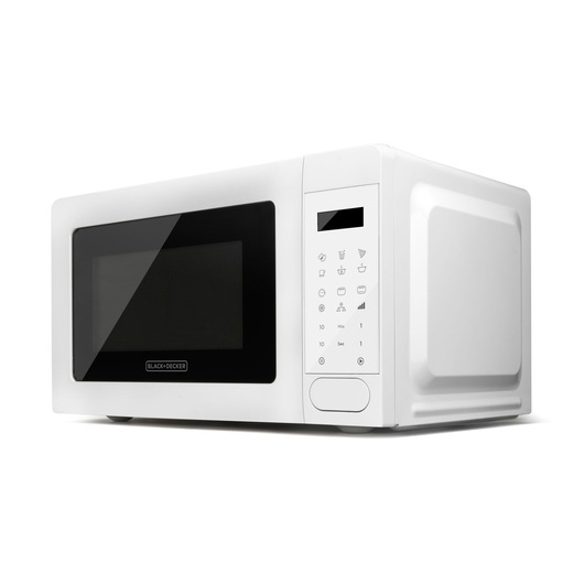 A white BLACK+DECKER microwave oven with a digital control panel and black glass door, shown on a white background.
