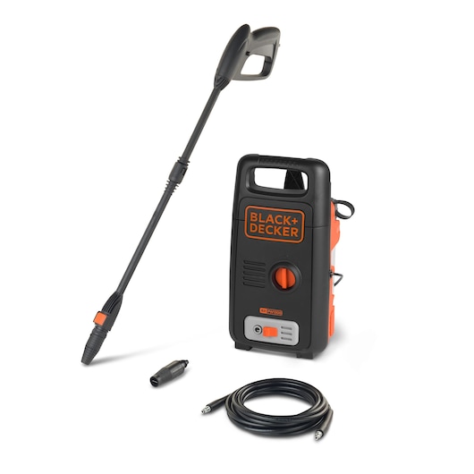 A BLACK+DECKER BXPW1300E pressure washer in black and orange, shown with its nozzle, hose, and a connector accessory. The items are arranged on a white background.