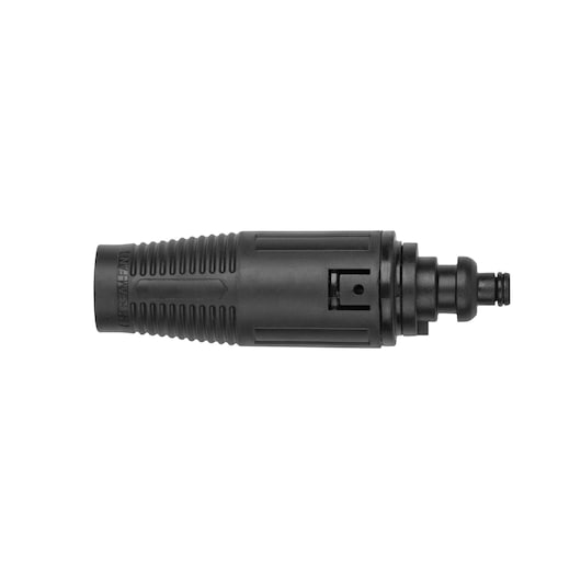 BLACKDECKER BXPW1300E black plastic pressure washer hose connector front angle on white background.