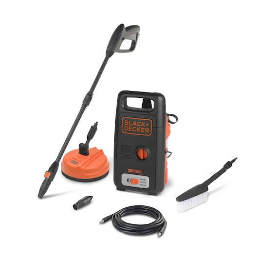 BLACK+DECKER high pressure washer model BXPW1300PE shown with its accessories, including a lance, surface cleaner, brush, hose, and nozzle, all placed on a white background.