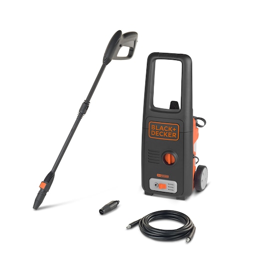 A BLACK+DECKER BXPW1400E pressure washer with accessories including a spray wand, a nozzle, and a hose, shown against a white background.