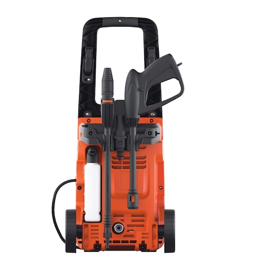A BLACK+DECKER BXPW1400E pressure washer in orange and black, shown from the front with its handle, hose, spray gun, and accessories attached.