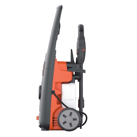 Side view of a BLACK+DECKER BXPW1400E pressure washer, featuring a grey and orange body with a handle, wheels, hose, and spray gun attachment.
