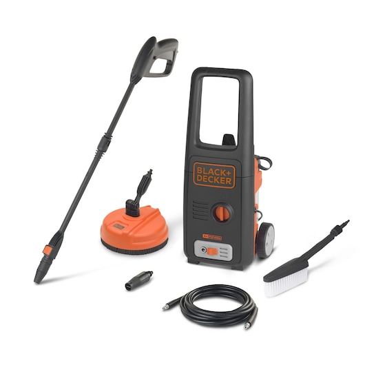 BLACK+DECKER pressure washer model BXPW1400PE with included accessories: spray lance, rotary brush, hose, and cleaning brush, all displayed on a white background.