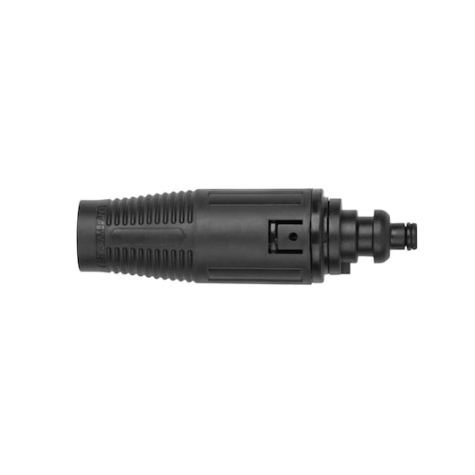 BLACKDECKER BXPW1500E black plastic connector for pressure washer, side view, on white background.