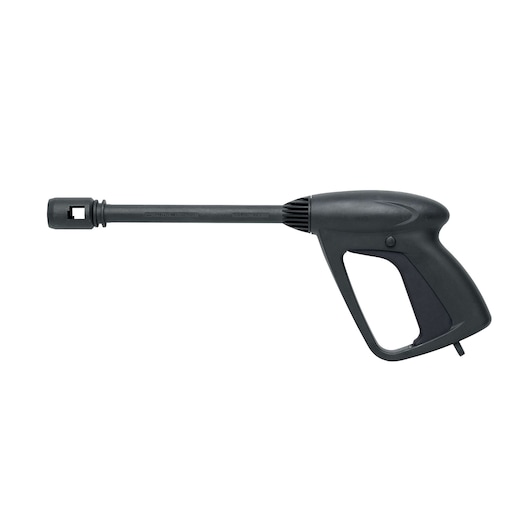 BLACK+DECKER BXPW1500E pressure washer spray gun, black plastic, side view on white background.
