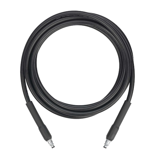 BLACKDECKER BXPW1500E high-pressure washer hose, black, coiled, metal connectors, product photo, top view.