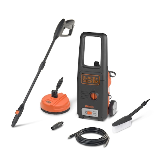 BLACK+DECKER BXPW1500PE pressure washer with accessories, including a spray gun, hose, brush, and surface cleaner, displayed on a white background.