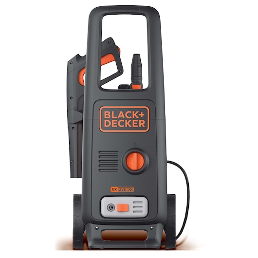 Front view of a BLACK+DECKER BXPW1600E pressure washer in black and orange, showing its handle, wheels, and attached hose.
