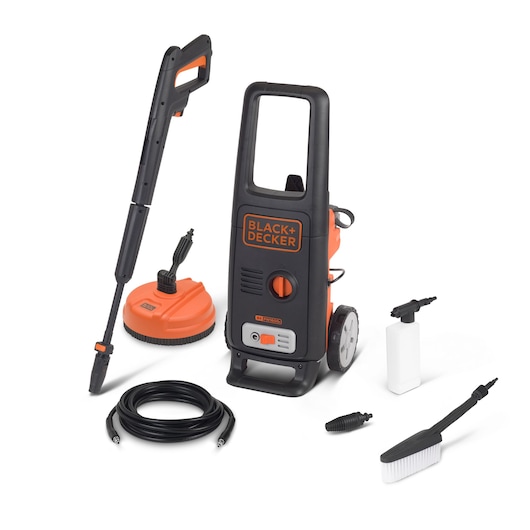 BLACK+DECKER BXPW1600PE high pressure washer set with main unit, extension lance, surface cleaner, hose, detergent bottle, and cleaning brush, all arranged on a white background.