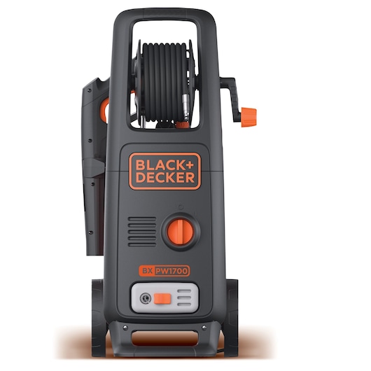 Front view of a BLACK+DECKER BX PW1700E pressure washer in dark grey with orange accents. The machine features a hose reel at the top, a handle, and visible controls and branding on the front.