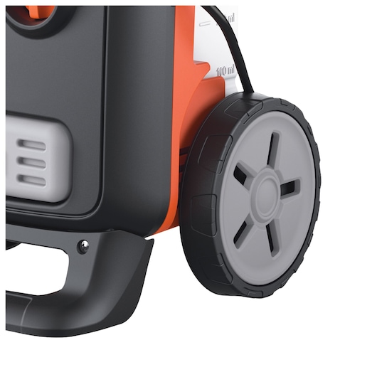 Photo of BLACKDECKER BXPW1700E pressure washer, close-up of black and grey wheel and orange housing, side angle.