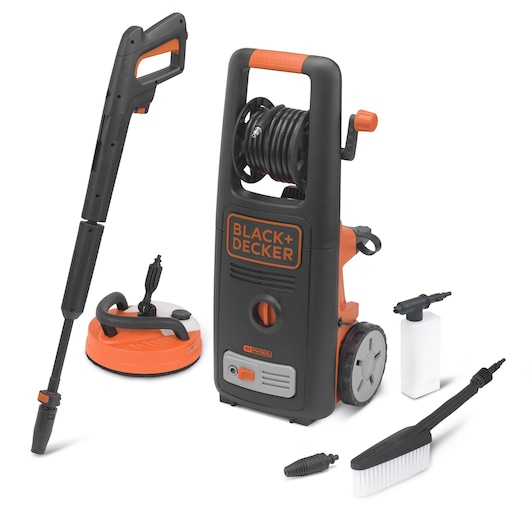 A BLACK+DECKER BXPW1800PE pressure washer shown with its accessories, including a lance, cleaning brush, detergent bottle, nozzle, and a surface cleaner. The equipment is mainly black and orange in color and is designed for outdoor cleaning tasks.